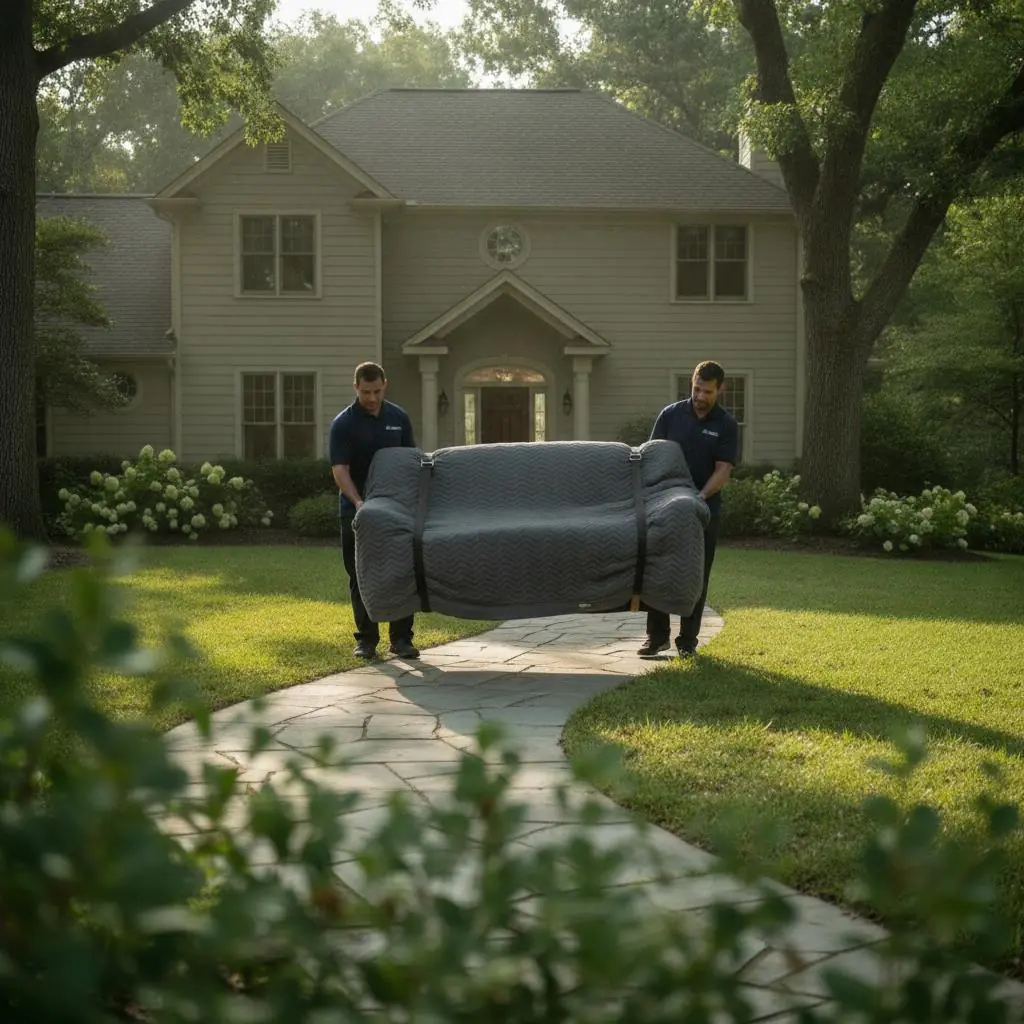 Movers at work outside a suburban home